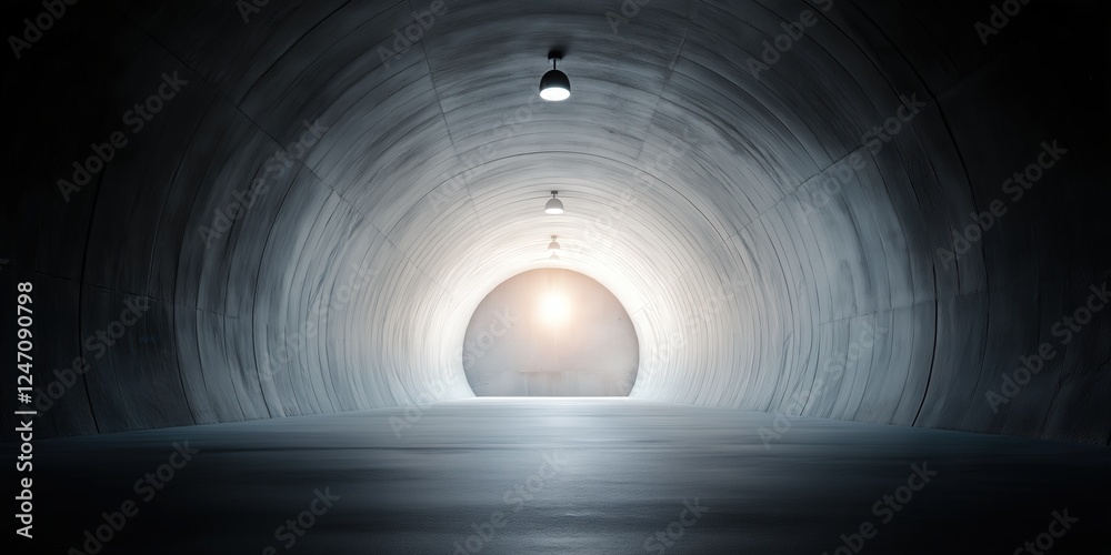 A dimly lit tunnel leads towards a bright light at the end A dimly lit tunnel leads towards a bright light at the end
