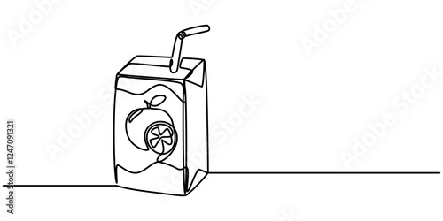 Juice Box Continuous Line Illustration, juice pack with straw continuous one line drawing, Pack of juice with straw line. Paper box milk container outline icon isolated on white background. Continuous