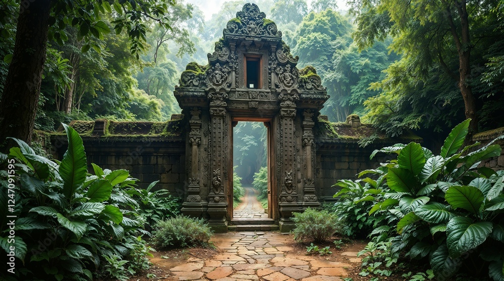 Obraz premium Intricately Carved Ancient Southeast Asian Temple Gate Enclosed by Lush Jungle