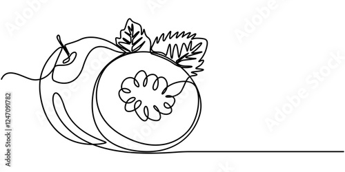 Continuous one single line drawing of kiwi fruit. Vector illustration, Continuous one line drawing of whole and sliced healthy organic kiwi for orchard logo identity. Fresh hairy fruitage concept.