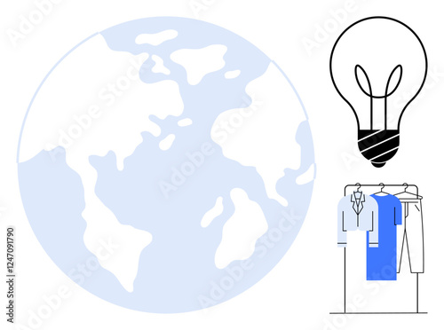 Earth globe beside a light bulb and clothes rack with hanging garments. Ideal for sustainability, fashion, innovation, global trade, creativity, eco-friendly, and technology. Line metaphor