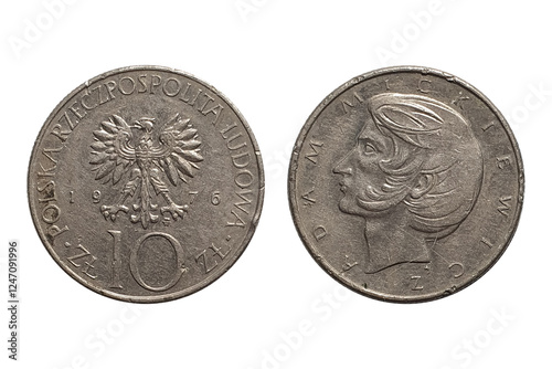 Coin 10 Zlotys 1976 Adam Mickiewicz. Coin of Poland. Coin 10 Zlotys 1976 Obverse and Reverse on white background. The bust of Adam Mickiewicz facing left photo