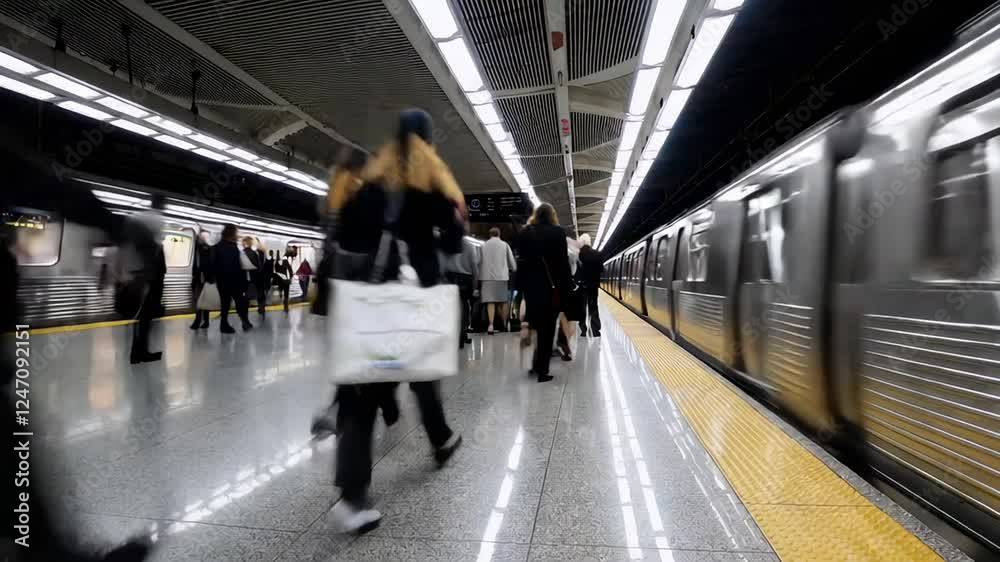 custom made wallpaper toronto digitalBusiness professionals moving along crowded subway platform, rushing during peak commute, train arriving with blurred background motion, capturing urban workplace dynamics