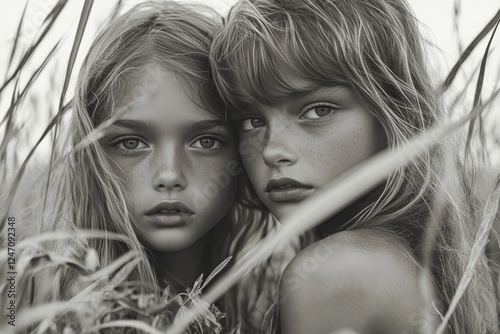 Twin girls standing in a field of tall grass during golden hour light