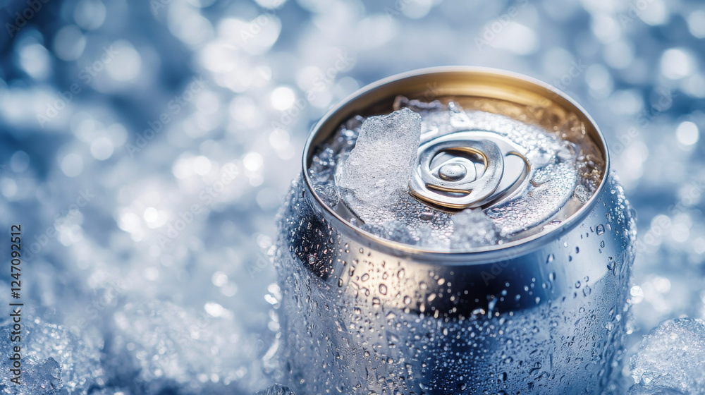 A close-up of a tin can nestled in ice, creating a textured and refreshing visual effect A close-up of a tin can nestled in ice, creating a textured and refreshing visual effect