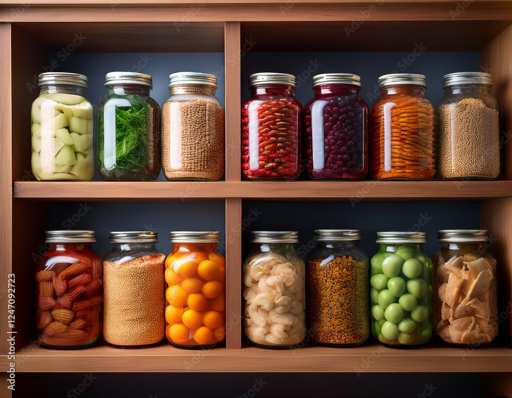 A stylized bookshelf arrangement where one side holds jars of vibrant whole foods and the other packaged snacks. A stylized bookshelf arrangement where one side holds jars of vibrant whole foods and the other packaged snacks.