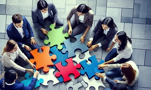 In a serene environment, a group of individuals focuses intently on assembling a large puzzle. Each person contributes uniquely, fostering teamwork and creativity