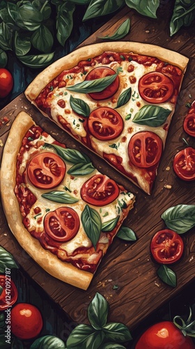 Freshly baked pizza with vibrant toppings on a wooden board surrounded by rip...