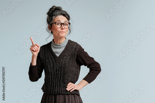 A 50-year-old woman, a school teacher with a stern look, her hair tied in a bun. She has one hand on her hip and the other with a finger pointing up, indicating something.