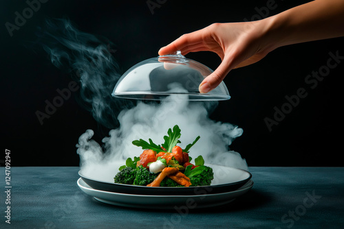 A hand holds a glass bell jar over a plate of gourmet food, a wispy smoke comes out from underneath, black background, the plate is on a dark gray table. photo