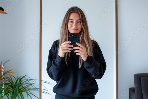 A girl wearing a black hoodie and leggings. She is taking a selfie in front of a mirror in her modern and elegant home.