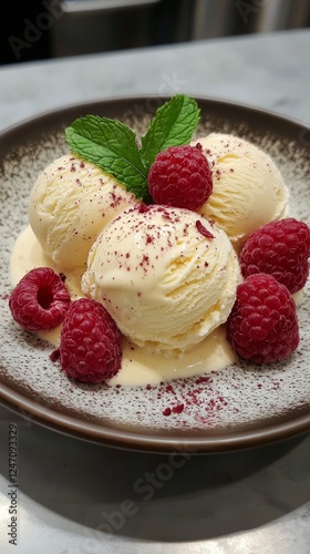 Creamy raspberry ice cream served with fresh raspberries and mint on a marble...