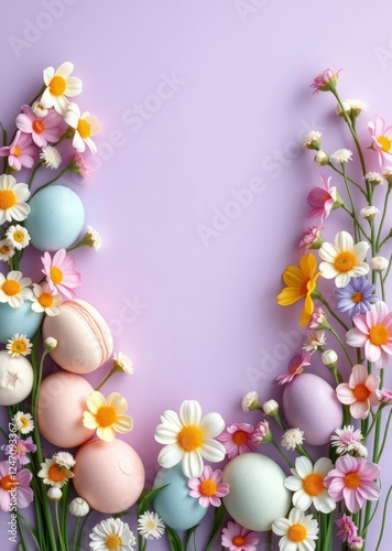 A decorative frame of pastel macaroons colored eggs and spring flowers is set against a shimmering lavender background concept of springtime treats easter border border easter spring decoration backgr