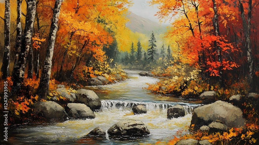 A peaceful river surrounded by trees with vibrant red colors A peaceful river surrounded by trees with vibrant red colors