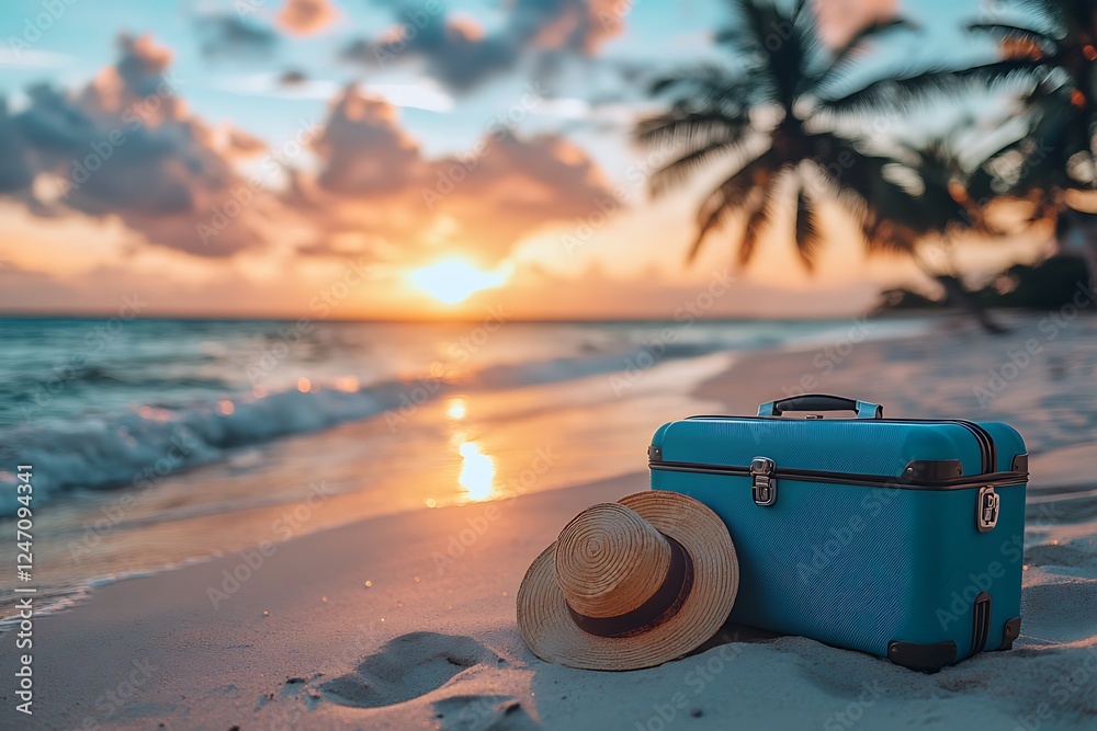 A vibrant blue suitcase and a hat sit on the sandy beach during a summer sunset, creating an atmosphere of adventure and relaxation, accompanied by gentle waves and swaying palm trees. A vibrant blue suitcase and a hat sit on the sandy beach during a summer sunset, creating an atmosphere of adventure and relaxation, accompanied by gentle waves and swaying palm trees.
