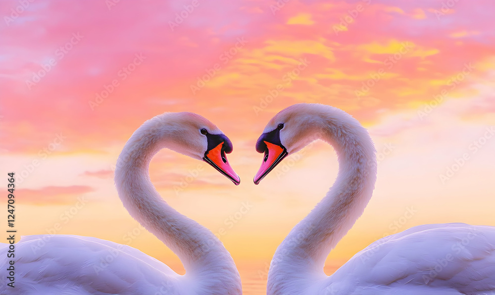 Naklejka premium Elegant Swans Forming Heart Shape Against Colorful Sunset Sky
