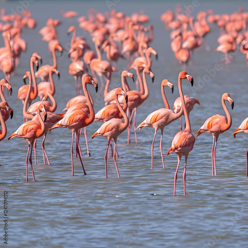 A flamboyance of Pink flamingos standing in water at South Africa,Phoenicopterus roseus. photo