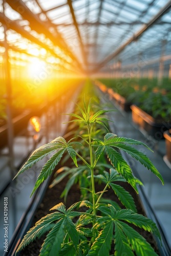 A futuristic greenhouse growing crops under artificial light.