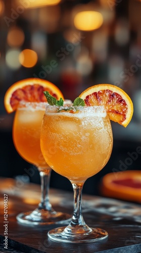 Refreshing orange iced teas served in two glasses with ice and citrus slices ...