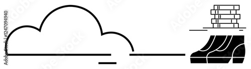 Simple cloud connected to industrial server stack through seamless line. Ideal for cloud computing, data storage, networking, industrial automation, digital transformation, connectivity, modern