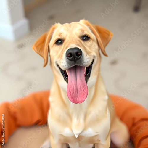 A playful Labrottie dog sitting on a , looking curiously at the camera, with its tongue out and ears perked up photo