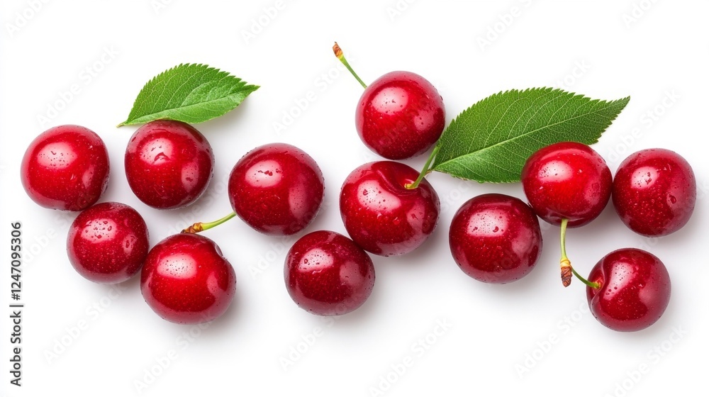 Fresh Red Cherries with Leaves Isolated on White. Generative AI Fresh Red Cherries with Leaves Isolated on White. Generative AI