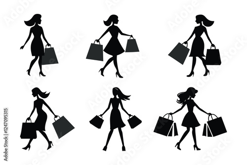 Set of women shopping silhouettes with paper bags, consumerism and retail vector icons