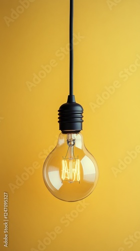 Bright vintage light bulb hanging against a vivid yellow background for inter...