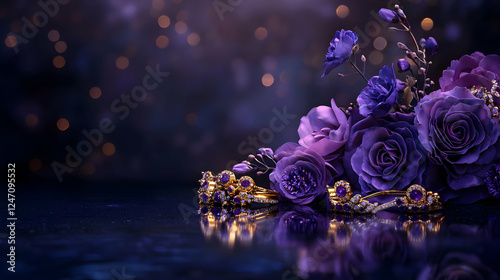 Elegant Jewelry with Purple Roses and Soft Bokeh Background