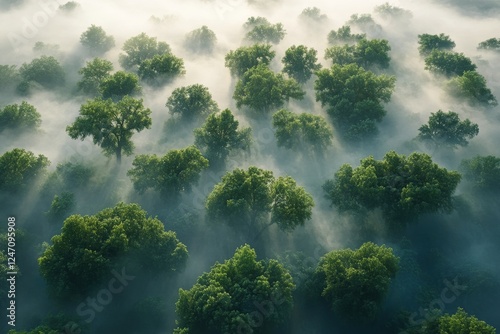 Misty morning light illuminating green trees in a serene forest landscape