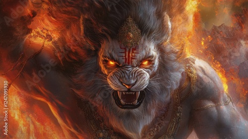 A heroic depiction of Narasimha, the lion-headed avatar of Vishnu, emerging from a pillar to slay the demon Hiranyakashipu, with fiery rage in his eyes photo