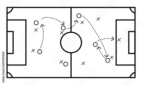  Soccer Match game strategy and tactic plan line icon. isolated on white and black background. Playbook of coach. Strategic organization on field for learning.Vector graphics. stock illustration,eps10