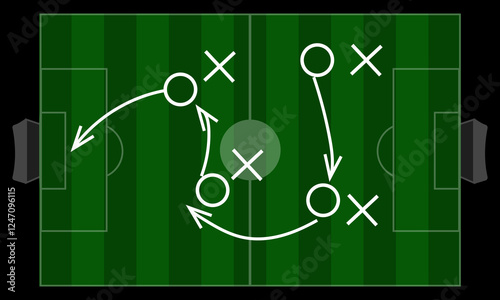 Soccer game strategy and tactic plan line, Soccer game strategy with arrows on green chalk board. Coach attack plan for play on field top view vector concept, Soccer Tactic Table. Vector Illustration.