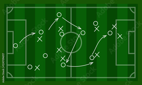 Soccer game strategy and tactic plan line, Soccer game strategy with arrows on green chalk board. Coach attack plan for play on field top view vector concept, Soccer Tactic Table. Vector Illustration.