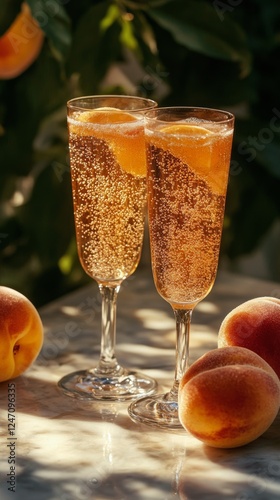 Refreshing peach sparkling drinks with slices in elegant glasses on wooden table