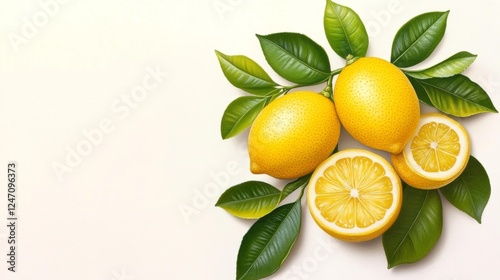 Wallpaper Mural Bright Fresh Lemons and Leaves on White Background. Generative AI Torontodigital.ca