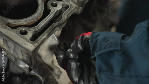 Close-up of hand in red glove tightening nut on block engine, showcasing precision and mechanical expertise in automotive workshop, emphasizing detailed repair and maintenance work