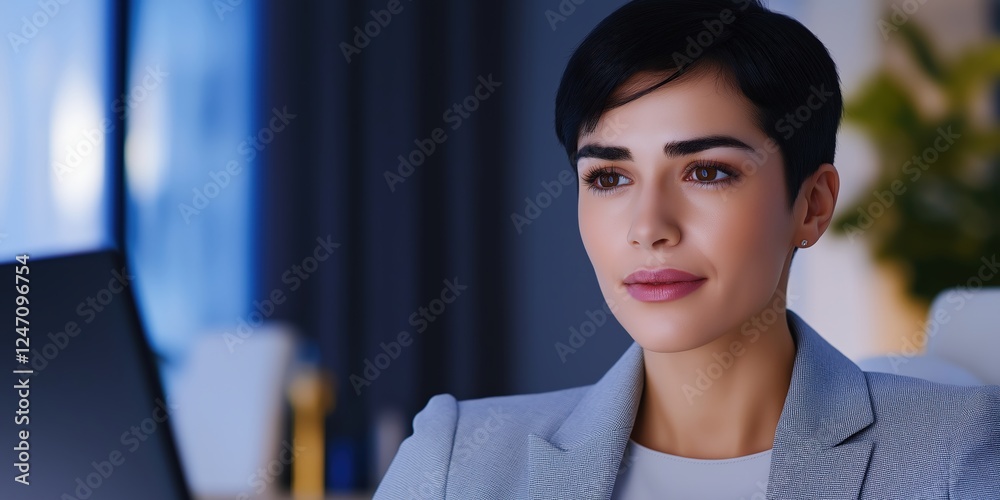 Fototapeta premium Focused Businesswoman Working at Her Desk with Computer in Modern Office