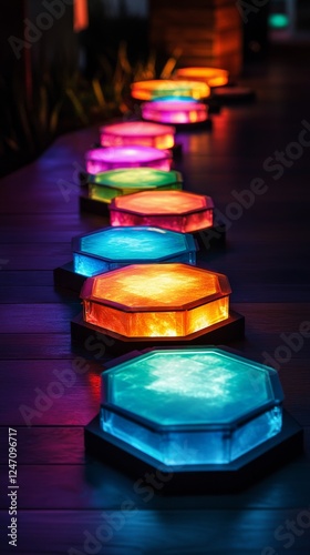 Colorful illuminated hexagonal tiles along a walkway at night in a vibrant se...