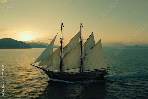 A large sailboat navigating the ocean during sunset or dawn, with a cloudy sky in the background and a few clouds visible above photo