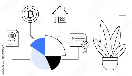 Pie chart connected to cryptocurrency symbol, house, certificate, and document. Ideal for finance, investment, cryptocurrency, real estate, planning economic growth wealth management concepts
