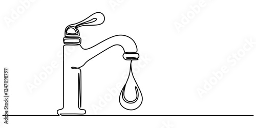 Water faucet with a drop of water one line drawn, Continuous one line drawing of water faucet. One line drawing illustration of tap water. International handwashing day concept line art. Editable pro.