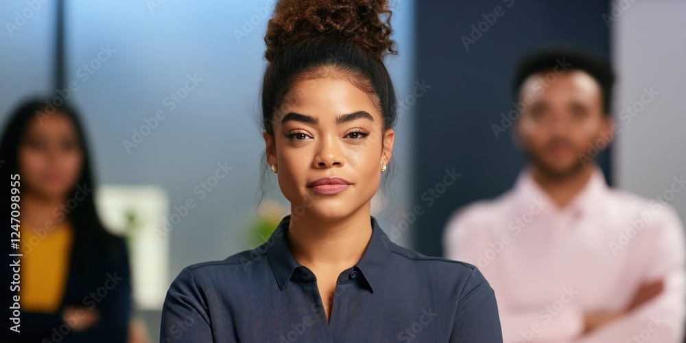 Confident Female Leader in a Bright Yellow Top During a Team Meeting Confident Female Leader in a Bright Yellow Top During a Team Meeting