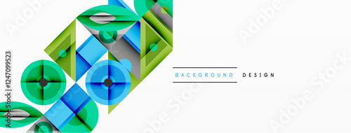 Geometric abstract composition with intersecting shapes, circles, triangles, and gradients, blending vibrant colors and dynamic contrasts to create a modern, futuristic visual design