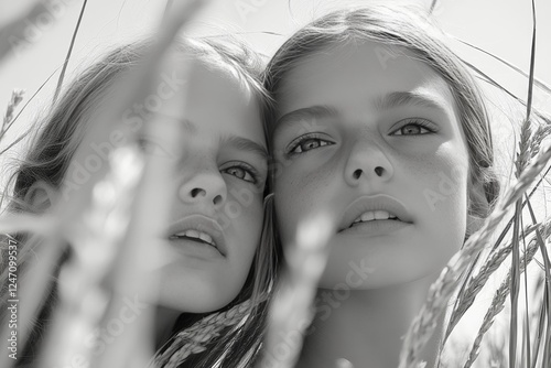 Twin girls standing in a field of tall grass during golden hour light