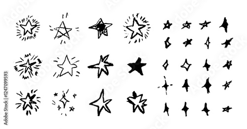 Set of fun like kid drawing black stars. Collection of wax pencil texture geometric elements. Night sky symbols scribble, doodle. Rough crayon or chalk vector illustration. Squiggles in children style