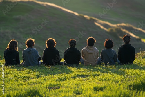 Friends enjoying sunset on a hillside with scenic mountains in the background...