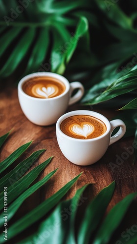 Warm coffee cups with heart latte art surrounded by green palm leaves on wood...