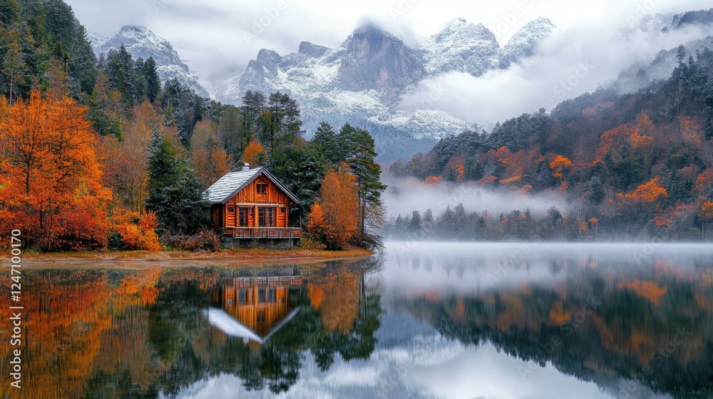 Fototapeta premium Vacation house with scenic view in Fall with colorful foliage by lake 