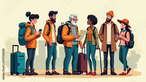 Traveling people, isolated set of passengers or travelers with maps, baggage and smartphones. Vector group of people lost in town, student with backpack, hiking and taking trip to mountains